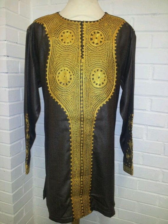 African Shirt, Brown Cotton, Gold embroidery, Top only