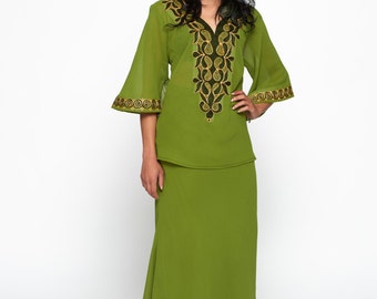 Green Chiffon Embroidered Ankara African Maxi Skirt Set