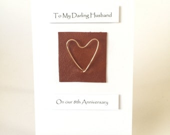 8th Wedding Anniversary Card Bronze Anniversary Leather Bronze Heart Husband Wife Him Her Fancy Handmade Cards made in UK
