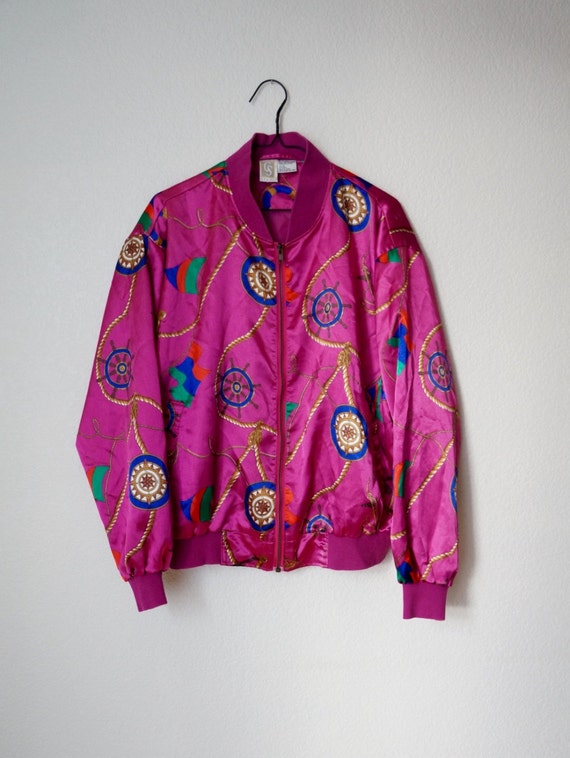 80s Nautical Pink Silk Baroque Bomber Jacket by Honeydipvintage