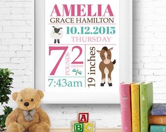Birth stats print, wall art, birth announcement poster, birth details, customised, farm animals, horse, sheep, baby girl, digital file