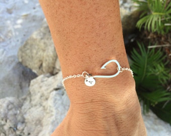 Personalized Fish Hook Bracelet, Fishing Hook Bracelet, Fishing Jewelry, Sideways Fish Hook, Christian Jewelry, Initial Bracelet