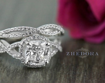 2.7 CT Radiant Cushion Cut Engagement Ring Bridal Band Set in Solid 14k or 18k White Gold Bridal, Wedding Set, Swirl Engagement Set