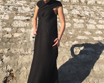 Plus Size Linen Dress, Oversize Dress, Maxi Dress, Black Linen Dress, Holiday Dress, Long Black Dress, Gothic Dress, Open Back Dress