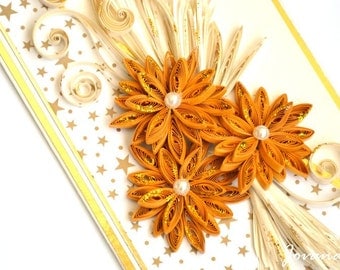 Christmas greeting card/ Quilling card/ Gold and white/ Xmas card/Elegant Christmas card/ 3d card/ 3d Christmas card