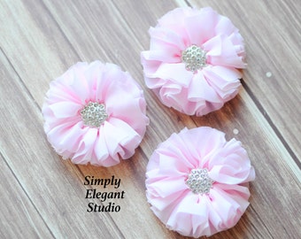 Light Pink Chiffon Flowers, 2.5" Fabric Flowers, Rhinestone Ruffled Flowers, Craft Supply Flowers