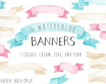Watercolor Banners Clipart | Ribbon Graphics - Party Banners - Birthday Graphics, Invitations - Digital Instant Download PNG Files