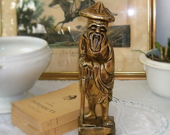 Statuette en bois vintage, sculpture en bois, personnage asiatique, Chine, Japon, Asie