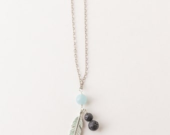 Essential Oil Diffuser Necklace · Feather, Aquamarine or Moonstone and Lava Bead Necklace ·Aromatherapy