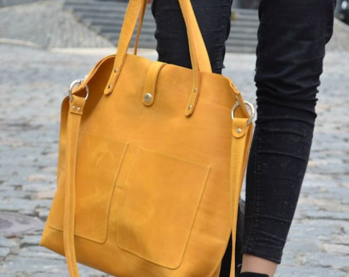 Leather shopper bag Leather Tote bag Leather Handbag Large tote bag Yellow leather tote Tote bag with pockets Gift for her Gift for woman