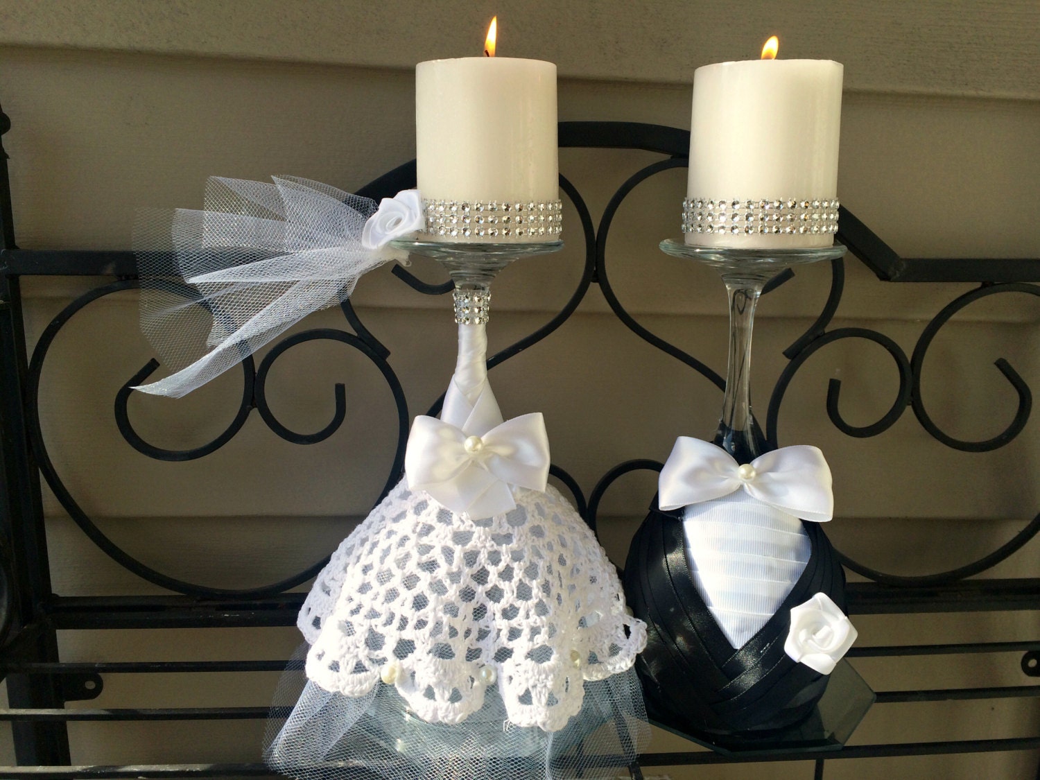 Set of two bride and groom candle holders wedding table
