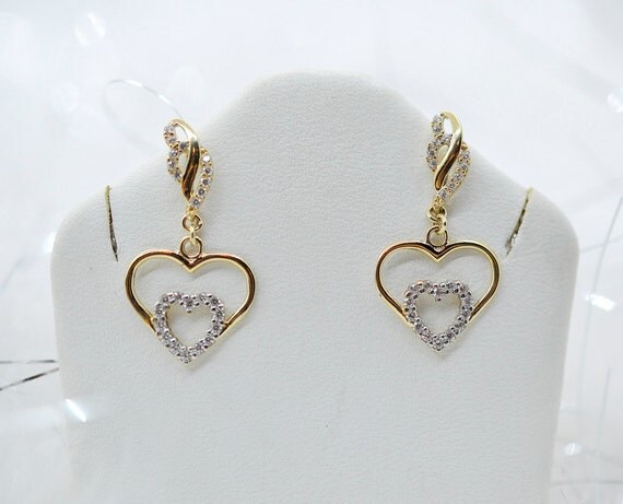 Items similar to Heart Earrings, Romantic Double Heart Earrings, 14k ...