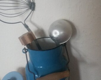 Vintage 1970's enamel milk can Soviet vintage milk can Shabby Chic kitchen decor Kitchen utensil holder