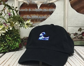 Vintage WAVE Dad Hat, Baseball Cap Low Profile Dad Hats Emoji Wave Dad Hats, Baseball Hat Embroidery Black