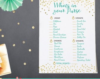 Mint and Gold Bridal Shower Game Printable - Whats In Your Purse Game - Mint and Gold Bridal Shower Game Printable -Instant Download - BS11