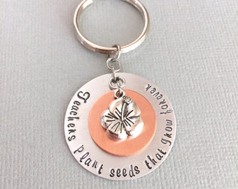 Hidden Message Teacher Keyring, Teacher Gift, Teacher Appreciation, Personalized Keyring, Hand Stamped, Flower Charm, Graduation Gift