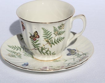 Gracie China Company Tea Cup and Saucer featuring Butterflies, ferns and floral design Bridal Shower Favor Nature Tea Cup Teacup