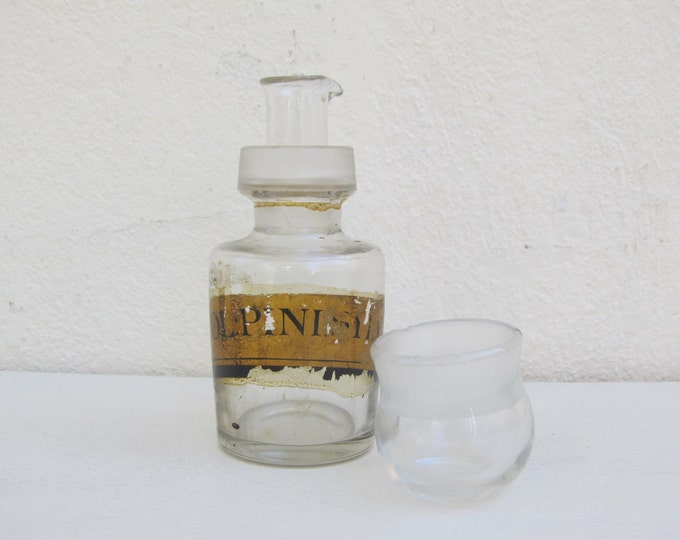 Antique medicine bottle with handpainted lettering, Ol. Pini Sylv. Pharmacy bottle, collectible glass chemist jar, vintage medical equipment