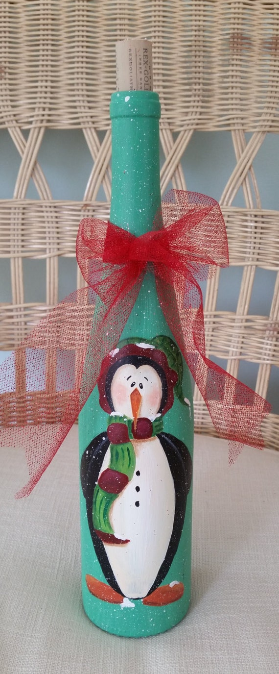 Hand Painted Christmas Penguin Wine Bottle