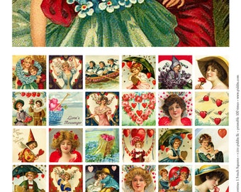 Printable Vintage Valentines in 1.5-inch squares -- piddix digital collage sheet no. 256