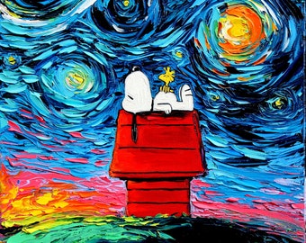 Snoopy Art - Peanuts Cartoon Starry Night print van Gogh Never Saw Woodstock by Aja 8x8, 10x10, 12x12, 20x20, and 24x24 inches choose size