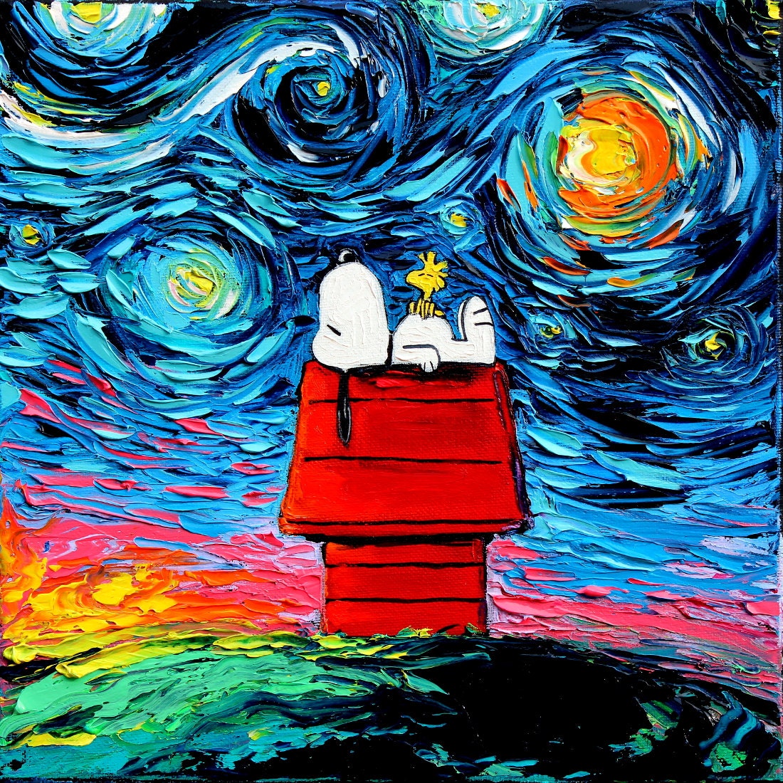 Snoopy Art Peanuts Cartoon Starry Night print van Gogh Never