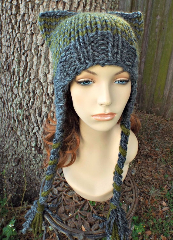 Knit Hat Womens Hat Braided Ties Ear Flap Cat Hat in Granite