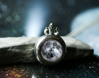 Moon Pocket Watch Necklace - Outer Space Jewelry, Pocketwatch Locket Pendant - Pretty Science Gift - Lunar Phase Galaxy Jewellery