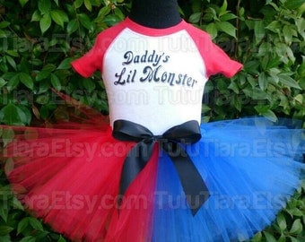 SALE Harley Quinn Suicide Squad Tutu Costume Set Daddy's Lil Monster Red Sleeved Onesie & Red Blue 8" Economy Tutu Skirt for Babies, Girls
