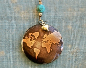 World locket love pendant map globe traveler wanderer necklace graduation gift. Tiedupmemories