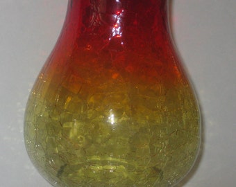 Amberina Crackle Glass Vase Large 8" Ruffled Edge Vintage Retro Orange Yellow Red