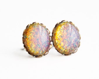 Fire Opal Stud Earrings Vintage Domed Glass Cabochon Posts Hypoallergenic Opal