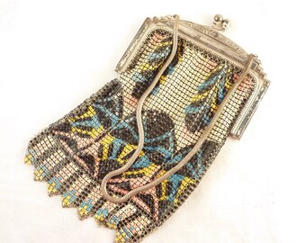 Vintage Whiting & Davis Co. Pastel Colored Enamel Deco Silver Tone Mesh Bag