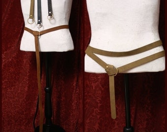 Long Leather Ring Belt -double wrap belt, Medieval costume, caramel brown, black, for Burning man, SCA Garb, LARP, renfaire, pirate