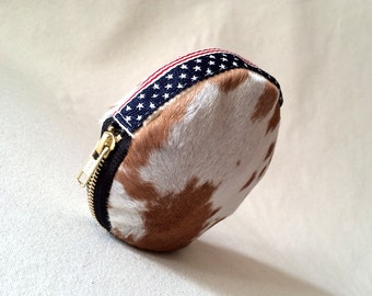 SALE American flag Coin Purse, Fourth of July clutch, Leather Clam Purse, Leather Coin Wallet, Spotted hair on hide Coin Wallet