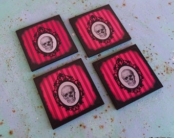 Orange gothic coasters Baroque Skulls - set of 4 coasters - Halloween decor, skull coasters,victorian gothic, goth,cameo, orange stripes