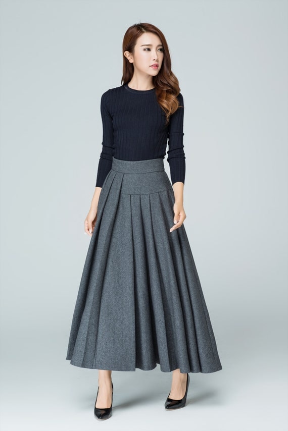 grey skirt long skirt wool skirt. pleated skirt ladies