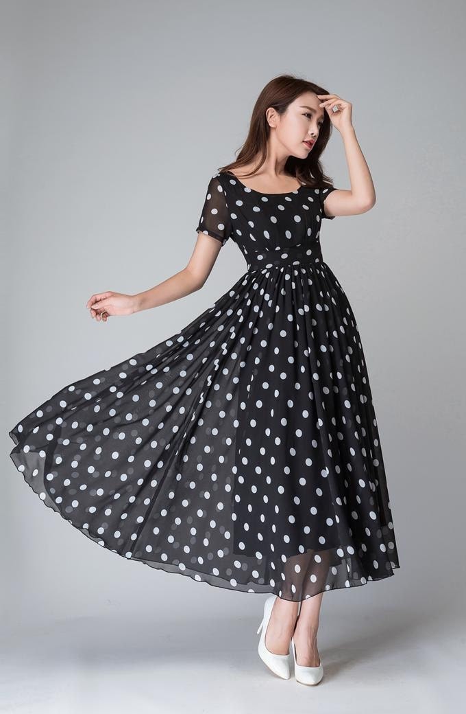 Polka dot dress black and white dress empire waist dress