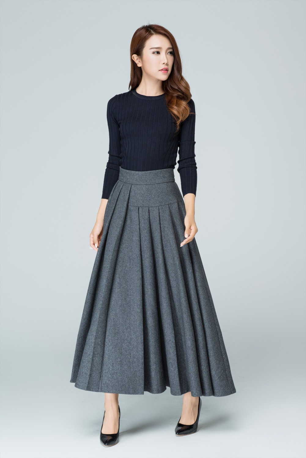 Wool skirt plus size skirt long skirt grey skirt pleated