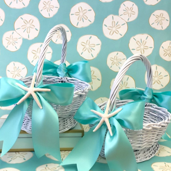Beach Wedding Flower Girl Basket with Starfish and Ribbons 8