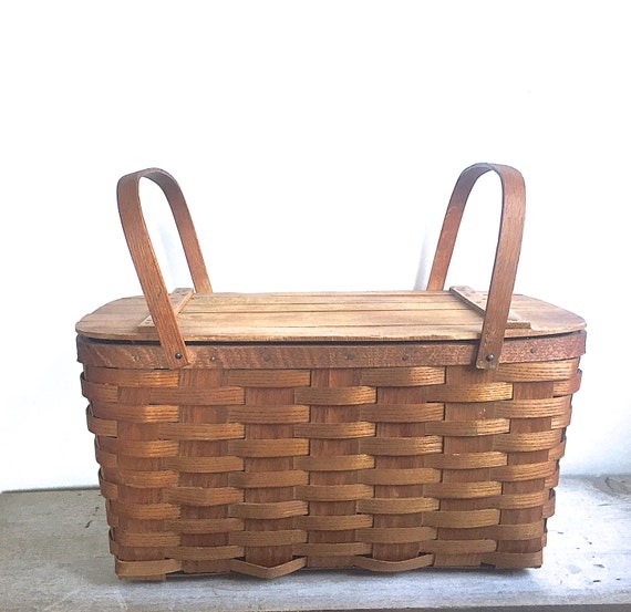 Vintage Picnic Basket Simple Wood Mid Century Bent Wood