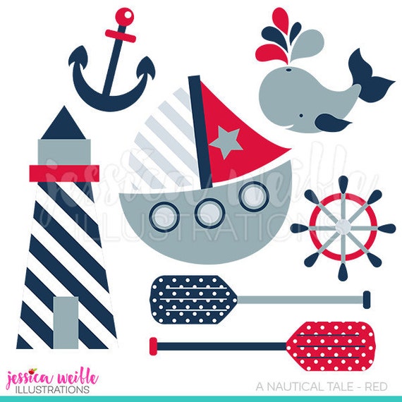 A Nautical Tale - Navy Red- Cute Digital Clipart for Commercial and Personal Use, Nautical Sailing Clip art, Baby Nautical, Navy Sailboat Il_570xn
