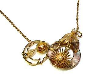 Upcycled Vintage, Repurposed Jewelry, Statement Necklace, Gold Flower Necklace, Gift For Her