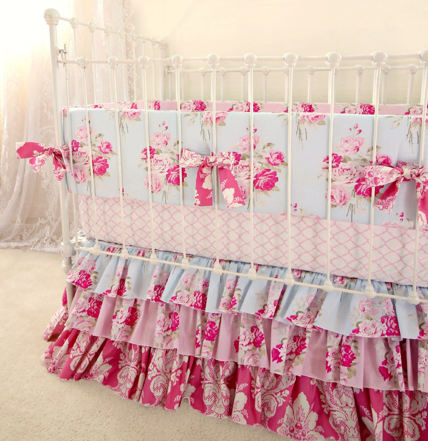 Pink and Blue Roses Baby Girl Crib Bedding Shabby Chic baby