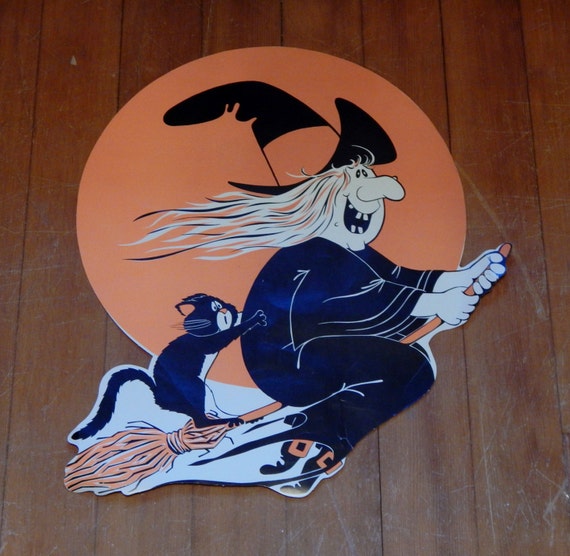 Vintage Halloween Witch Decoration Broomstick w Black Cat 70's Paper Ephemera Decor Black & Orange