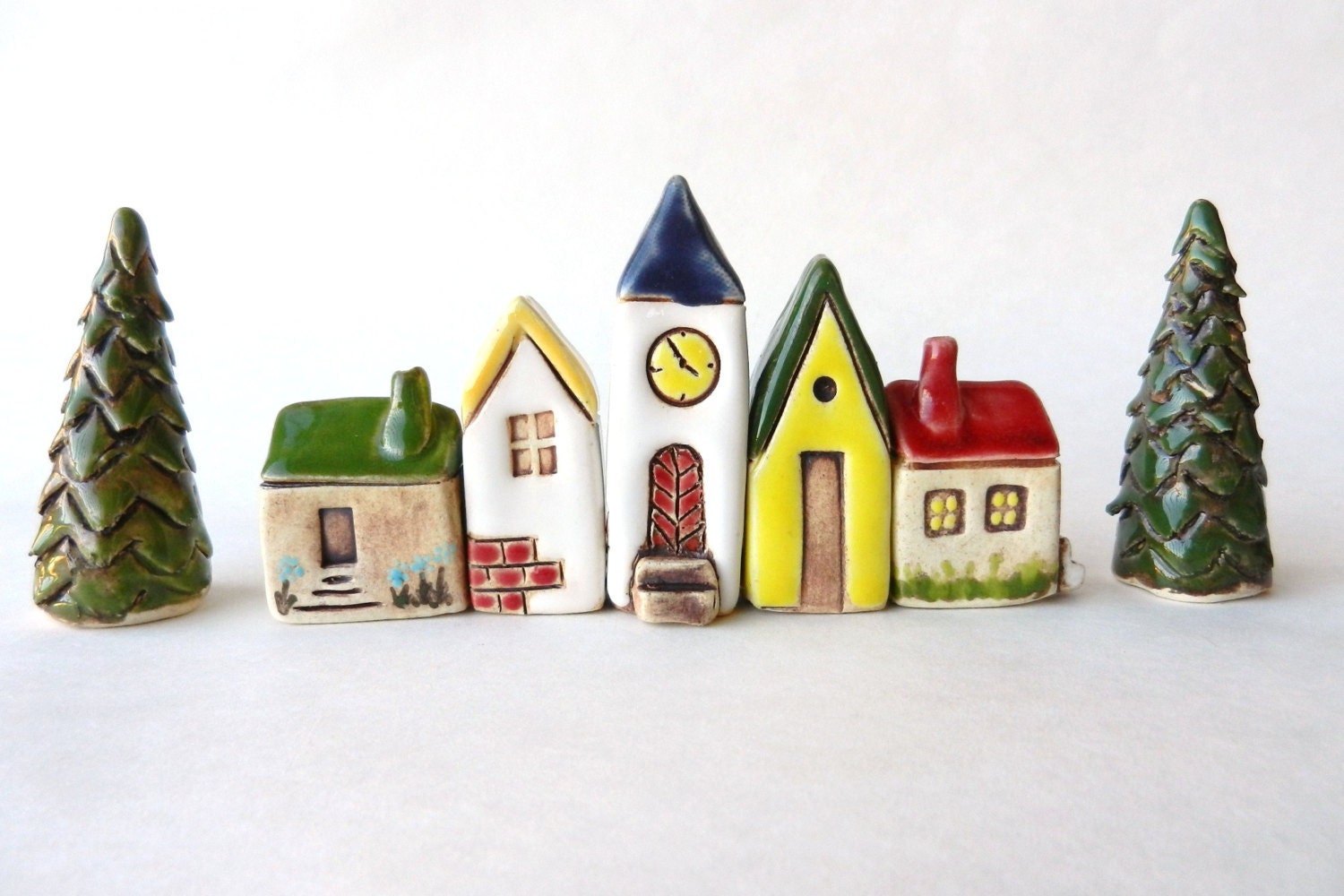 Ceramic Houses Set of 5 with 2 trees miniature clay tiny