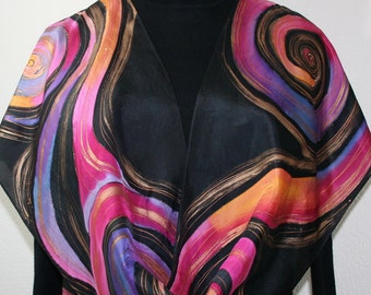 Black, Pink, Orange Hand Painted Silk Scarf LUNAR WINDS, in Several SIZES. Mother Gift, Bridesmaid Gift. Peinture sur Soie Foulard. Handmade