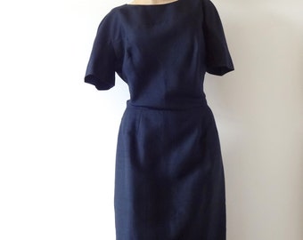 1950s Sheath Dress - vintage wiggle dress - navy blue - size L