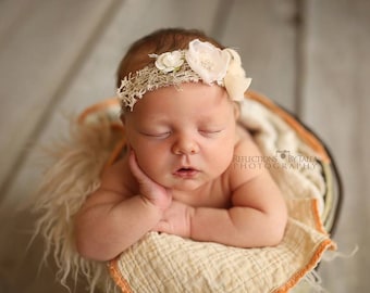 Newborn Tieback Headband - Newborn Photo Prop, Vintage Headband, Vintage Tieback, Newborn Halo, Newborn Crown, Organic, Cream, Beige, Pink