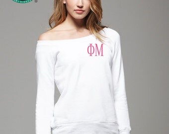 Phi Mu Sweatshirt, Monogrammed Pullover, Monogrammed Off Shoulder Sweatshirt, Wide Neck Sweatshirt, Phi Mu Pullover